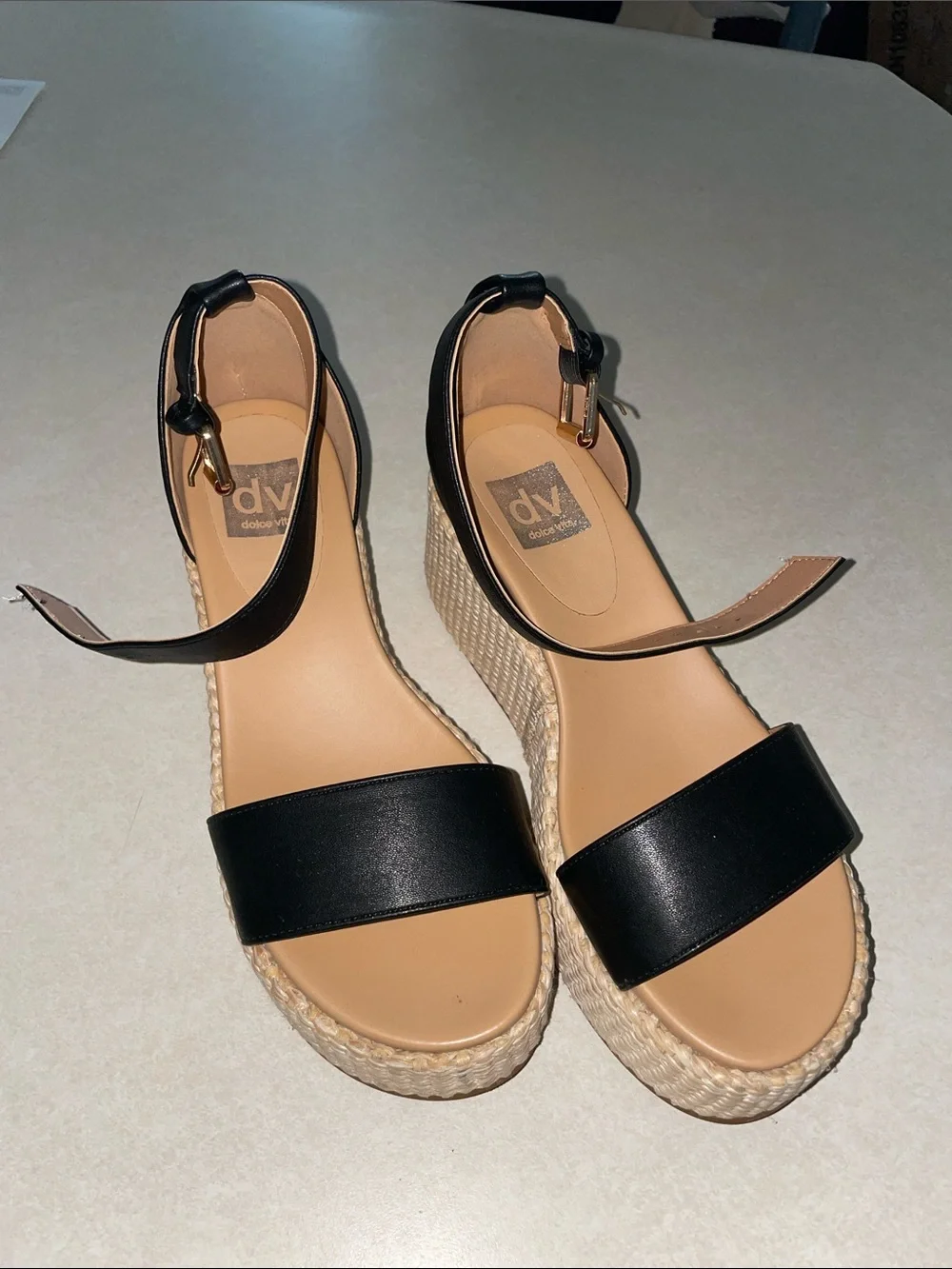 DV by Dolce Vita Black Leather Wedge Espadrille Sandals